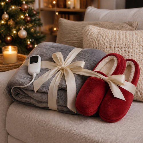 Duo Cocooning : plaid chauffant gris et chaussons chauffants rouges emballés en cadeau