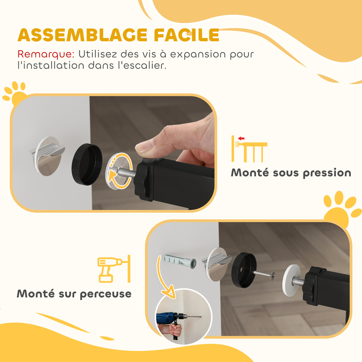Barrière de sécurité barrière pour animal domestique longueur réglable sans perçage en acier et ABS 75-95 x 76 cm noir