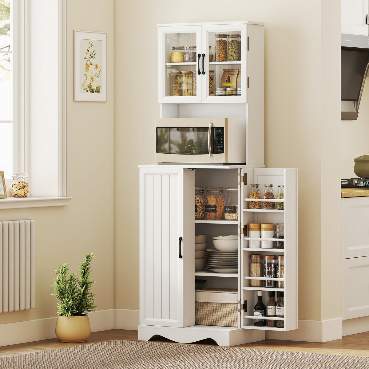 Buffet haut cuisine armoire de cuisine 4 portes 8 porte-épices plan de travail étagère réglable 60x39,5x179,6cm blanc